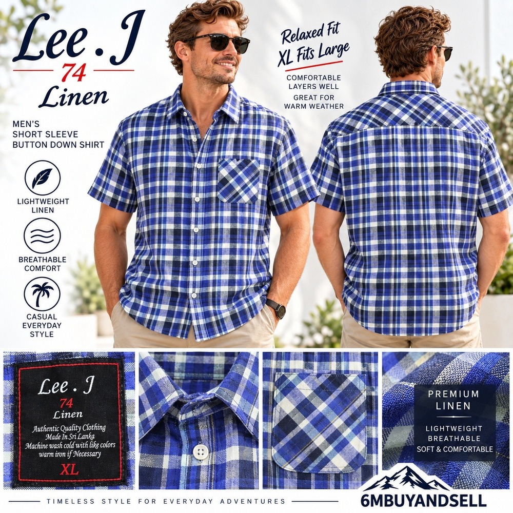 Lee J 74 Mens Large Blue Plaid Linen Short Sleeve Button Down Shirt Pocket